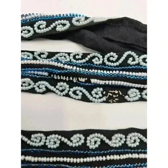 Vintage Women's Black Silk Blue Floral Beaded Sleeveless Shift Dress - Picture 4 of 16